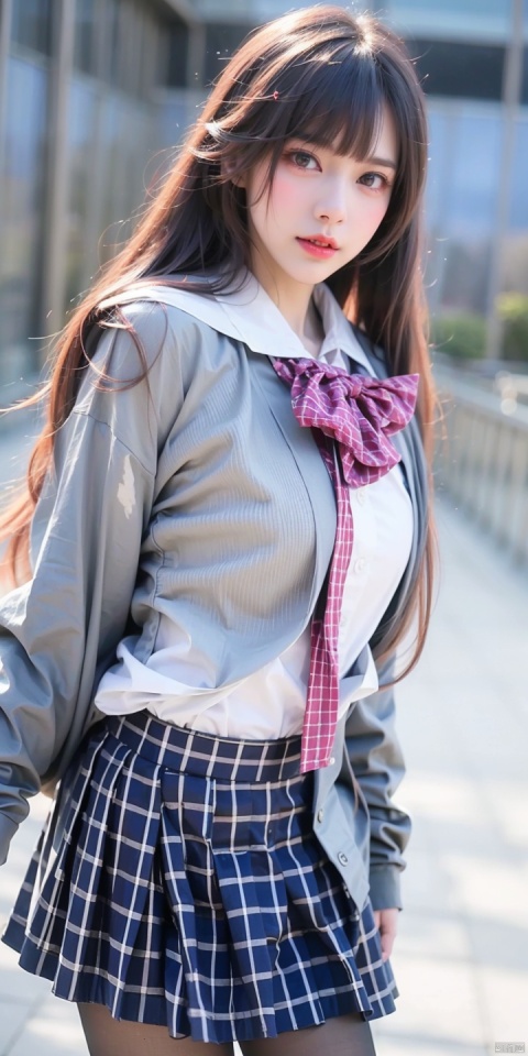 XJ,1girl,solo,skirt,pantyhose,legs,plaid skirt,plaid,black pantyhose,shoes,pleated skirt,blue skirt,outdoors,school uniform,
brown hair,long hair,realistic,jacket,brown eyes,blazer,
blurry,long sleeves,looking at viewer,bowtie,white shirt,collared shirt,bangs,
pink bowtie,pink bow,cardigan,virtual youtuber,open clothes,(upper_body:1.3), (raw photo:1.2),((photorealistic:1.4))best quality,masterpiece,illustration,an extremely delicate and beautiful,extremely detailed,CG,unity,8k wallpaper,Amazing,finely detail,masterpiece,best quality,official art,extremely detailed CG unity 8k wallpaper,absurdres,incredibly absurdres,huge filesize,ultra-detailed,highres,extremely detailed,beautiful detailed girl,cinematic lighting,1girl,pale skin,tall female,(perfect body shape),skinny body,Slender legs,, (Cowboy shot,Distant view,telechoto:1.1)