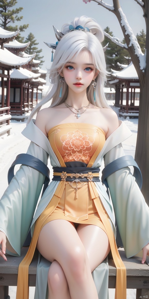 MY,1girl,solo,jewelry,hanfu,hair stick,necklace,blue eyes,hair ornament,chinese clothes,white hair,looking at viewer,earrings,dress,bare shoulders,long sleeves,wide sleeves,tree,scenery,outdoors,snow,shrine,east asian architecture,winter,plum_blossom,shimenawa,(sitting:1.3), (raw photo:1.2),((photorealistic:1.4))best quality,masterpiece,illustration,an extremely delicate and beautiful,extremely detailed,CG,unity,8k wallpaper,Amazing,finely detail,masterpiece,best quality,official art,extremely detailed CG unity 8k wallpaper,absurdres,incredibly absurdres,huge filesize,ultra-detailed,highres,extremely detailed,beautiful detailed girl,cinematic lighting,1girl,pale skin,tall female,(perfect body shape),skinny body,Slender legs,