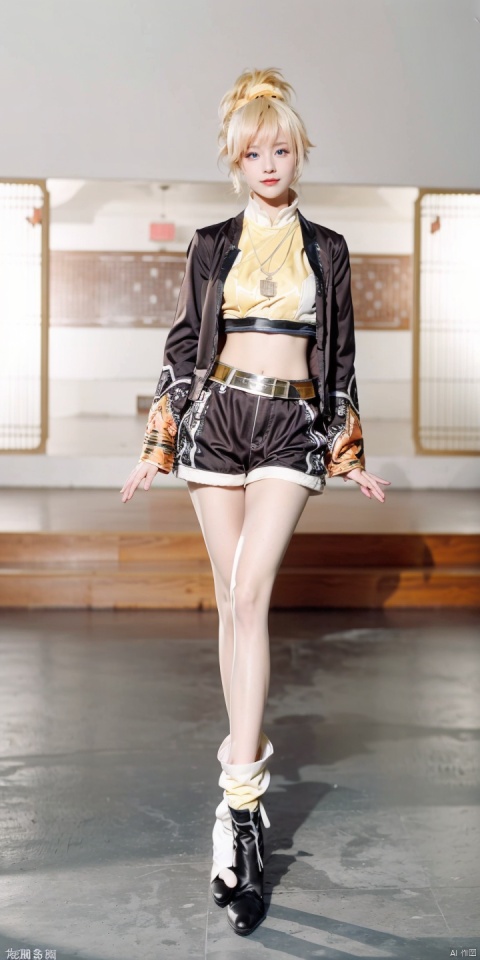 JXM,1girl,blonde hair,solo,navel,cosplay,jacket,crop top,ponytail,belt,
blue eyes,looking at viewer,jewelry,necklace,socks,
leg warmers,shorts,flower,
virtual youtuber,blurry background,black shorts,boots,outdoors,
personification,short hair,, (raw photo:1.2),((photorealistic:1.4))best quality,masterpiece,illustration,an extremely delicate and beautiful,extremely detailed,CG,unity,8k wallpaper,Amazing,finely detail,masterpiece,best quality,official art,extremely detailed CG unity 8k wallpaper,absurdres,incredibly absurdres,huge filesize,ultra-detailed,highres,extremely detailed,beautiful detailed girl,cinematic lighting,1girl,pale skin,tall female,(perfect body shape),skinny body,Slender legs,, pale skin,tall man,long legs,thin leg,