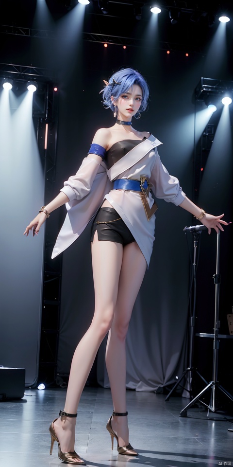 JING,1girl,solo,black pants,short hair,pants,blue hair,jewelry,looking at viewer,choker,hair ornament,earrings,black choker,shirt,blue eyes,asymmetrical sleeves,bangs,single bare shoulder,white shirt,collarbone,
single sleeve,asymmetrical clothes,
drum set,instrument,drum,stage,spotlight,guitar,stage lights,indoors,concert,microphone,
high heels,brown footwear,, (raw photo:1.2),((photorealistic:1.4))best quality,masterpiece,illustration,an extremely delicate and beautiful,extremely detailed,CG,unity,8k wallpaper,Amazing,finely detail,masterpiece,best quality,official art,extremely detailed CG unity 8k wallpaper,absurdres,incredibly absurdres,huge filesize,ultra-detailed,highres,extremely detailed,beautiful detailed girl,cinematic lighting,1girl,pale skin,tall female,(perfect body shape),skinny body,Slender legs,, pale skin,tall man,long legs,thin leg,