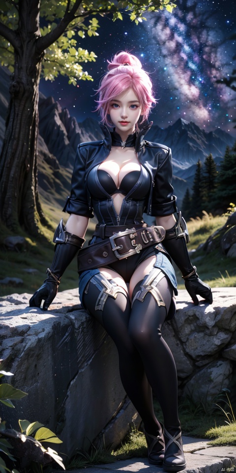 AK,scenery,sky,star \(sky\),starry sky,outdoors,night,tree,night sky,cloud,mountain,nature,milky way,
1girl,solo,pink hair,(sitting:1.1),short hair,gloves,belt,jacket,cleavage,looking at viewer,thighhighs,medium breasts,alternate costume,cropped jacket,boots,jewelry,open jacket,black gloves,
bangs,ponytail,blue eyes,hair ornament,open clothes,purple eyes,, (raw photo:1.2),((photorealistic:1.4))best quality,masterpiece,illustration,an extremely delicate and beautiful,extremely detailed,CG,unity,8k wallpaper,Amazing,finely detail,masterpiece,best quality,official art,extremely detailed CG unity 8k wallpaper,absurdres,incredibly absurdres,huge filesize,ultra-detailed,highres,extremely detailed,beautiful detailed girl,cinematic lighting,1girl,pale skin,tall female,(perfect body shape),skinny body,Slender legs,, pale skin,tall man,long legs,thin leg, girl