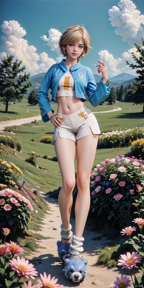 JXM,1girl,solo,blonde hair,navel,blue eyes,midriff,crop top,white shorts,long sleeves,slippers,looking at viewer,shirt,
blue shirt,sportswear,jacket,
roller skates,socks,short shorts,
animal slippers,
outdoors,scenery,flower,tree,sky,cloud,day,grass,field,pink flower,blue sky,nature,cloudy sky,white flower,landscape,yellow flower,mountainous horizon,, (raw photo:1.2),((photorealistic:1.4))best quality,masterpiece,illustration,an extremely delicate and beautiful,extremely detailed,CG,unity,8k wallpaper,Amazing,finely detail,masterpiece,best quality,official art,extremely detailed CG unity 8k wallpaper,absurdres,incredibly absurdres,huge filesize,ultra-detailed,highres,extremely detailed,beautiful detailed girl,cinematic lighting,1girl,pale skin,tall female,(perfect body shape),skinny body,Slender legs,, pale skin,tall man,long legs,thin leg,