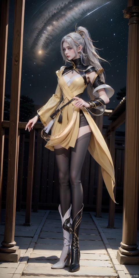 SGWE,1girl,solo,boots,dress,yellow dress,blue eyes,high heel boots,hair ornament,looking at viewer,tassel,jewelry,pantyhose,grey hair,earrings,sky,night,scenery,tree,night sky,star \(sky\),moon,outdoors,architecture,east asian architecture,starry sky,shrine,, (raw photo:1.2),((photorealistic:1.4))best quality,masterpiece,illustration,an extremely delicate and beautiful,extremely detailed,CG,unity,8k wallpaper,Amazing,finely detail,masterpiece,best quality,official art,extremely detailed CG unity 8k wallpaper,absurdres,incredibly absurdres,huge filesize,ultra-detailed,highres,extremely detailed,beautiful detailed girl,cinematic lighting,1girl,pale skin,tall female,(perfect body shape),skinny body,Slender legs,