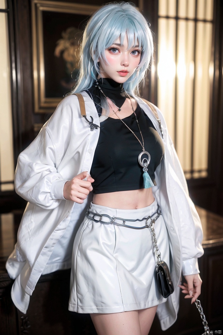 DR,1girl,solo,jewelry,long hair,white hair,necklace,blurry,long sleeves,blue shirt,indoors,bangs,earrings,hair between eyes,blue eyes,skirt,black shirt,tassel,
looking at viewer,realistic,jacket,eyelashes,parted bangs,
grey skirt,shirt,white skirt,medium breasts,belt,
midriff,crop top,virtual youtuber,navel,chain,
white footwear,boots,high heel boots,socks,(standing:1.3),, (raw photo:1.2),((photorealistic:1.4))best quality,masterpiece,illustration,an extremely delicate and beautiful,extremely detailed,CG,unity,8k wallpaper,Amazing,finely detail,masterpiece,best quality,official art,extremely detailed CG unity 8k wallpaper,absurdres,incredibly absurdres,huge filesize,ultra-detailed,highres,extremely detailed,beautiful detailed girl,cinematic lighting,1girl,pale skin,tall female,(perfect body shape),skinny body,Slender legs,, pale skin,tall man,long legs,thin leg,