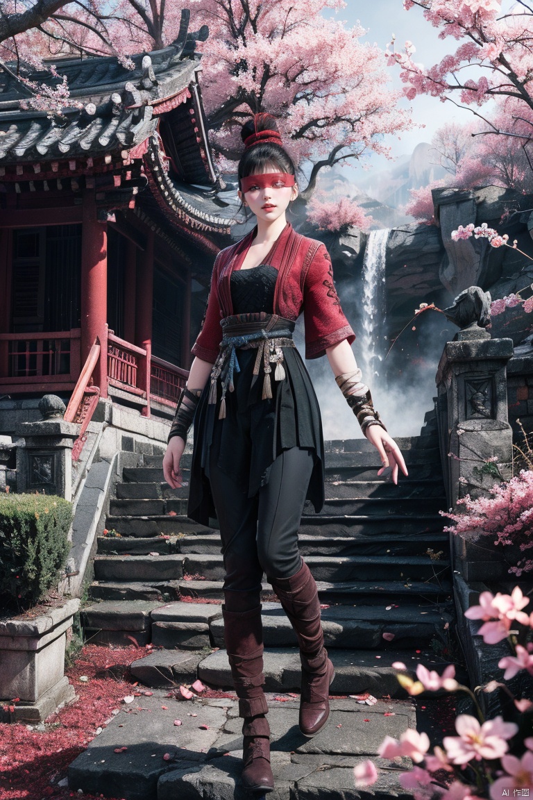NHY,1girl,solo,long hair,ponytail,black hair,high ponytail,headband,red headband,long sleeves,
(blindfold:1.3),covered eyes,armor,breastplate,
scenery,tree,east asian architecture,cherry blossoms,outdoors,petals,
pants,facing viewer,black pants,hair bun,black footwear,boots,
bandages,
ribbon,hair ribbon,japanese clothes,multicolored hair,
waterfall,stairs,water,rock,
red jacket,short sleeves,rope,tassel,
bandaged arm,
red shirt,
black hakama,reverse grip,
topknot,nature,
sash,
multiple braids,cross-laced clothes,red ribbon,
single hair bun,jacket,belt,,(close_mouth:1.3),, (raw photo:1.2),((photorealistic:1.4))best quality,masterpiece,illustration,an extremely delicate and beautiful,extremely detailed,CG,unity,8k wallpaper,Amazing,finely detail,masterpiece,best quality,official art,extremely detailed CG unity 8k wallpaper,absurdres,incredibly absurdres,huge filesize,ultra-detailed,highres,extremely detailed,beautiful detailed girl,cinematic lighting,1girl,pale skin,tall female,(perfect body shape),skinny body,Slender legs,, pale skin,tall man,long legs,thin leg,