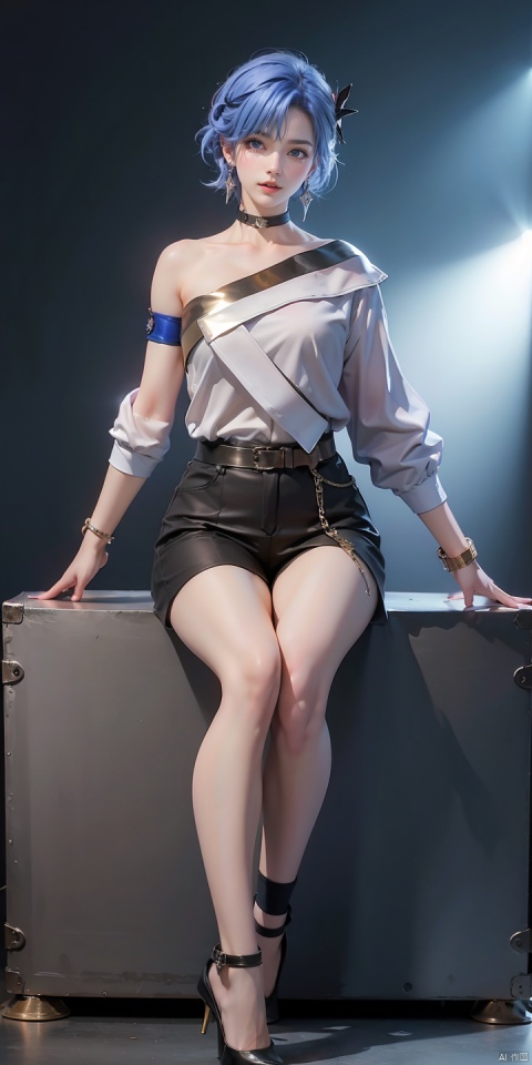 JING,1girl,solo,black pants,short hair,pants,blue hair,jewelry,looking at viewer,choker,hair ornament,earrings,black choker,shirt,blue eyes,asymmetrical sleeves,bangs,single bare shoulder,white shirt,collarbone,
single sleeve,asymmetrical clothes,
drum set,instrument,drum,stage,spotlight,guitar,stage lights,indoors,concert,microphone,
high heels,brown footwear,(sitting:1.3),, (raw photo:1.2),((photorealistic:1.4))best quality,masterpiece,illustration,an extremely delicate and beautiful,extremely detailed,CG,unity,8k wallpaper,Amazing,finely detail,masterpiece,best quality,official art,extremely detailed CG unity 8k wallpaper,absurdres,incredibly absurdres,huge filesize,ultra-detailed,highres,extremely detailed,beautiful detailed girl,cinematic lighting,1girl,pale skin,tall female,(perfect body shape),skinny body,Slender legs,, pale skin,tall man,long legs,thin leg,