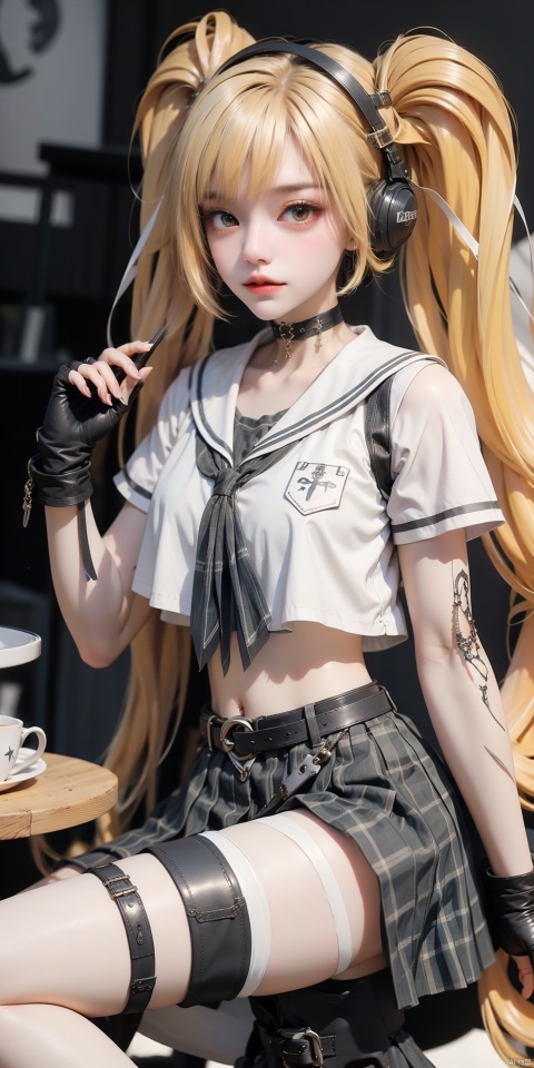 Anqila,indoor,(table:1.3),1girl,solo,gloves,long hair,skirt,fingerless gloves,thighhighs,white thighhighs,very long hair,school uniform,boots,black choker,black gloves,hair ornament,black footwear,choker,(twintails:1.2),blonde hair,sailor collar,pleated skirt,plaid skirt,bag,shirt,serafuku,short sleeves,(yellow scarf:1.2),knee pads,white shirt,(headphones:1.1),plaid,belt,bangs,thigh strap,white sailor collar,, (raw photo:1.2),((photorealistic:1.4))best quality,masterpiece,illustration,an extremely delicate and beautiful,extremely detailed,CG,unity,8k wallpaper,Amazing,finely detail,masterpiece,best quality,official art,extremely detailed CG unity 8k wallpaper,absurdres,incredibly absurdres,huge filesize,ultra-detailed,highres,extremely detailed,beautiful detailed girl,cinematic lighting,1girl,pale skin,tall female,(perfect body shape),skinny body,Slender legs,