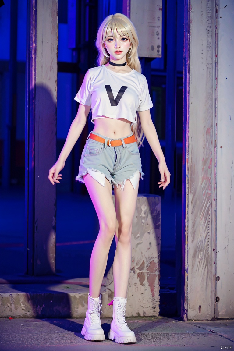 SL,1girl,shorts,long hair,solo,blonde hair,bangs,shirt,crop top,denim,midriff,white footwear,denim shorts,belt,white shirt,navel,short sleeves,
choker,looking at viewer,brown eyes,black choker,boots,torn clothes,ponytail,, (raw photo:1.2),((photorealistic:1.4))best quality,masterpiece,illustration,an extremely delicate and beautiful,extremely detailed,CG,unity,8k wallpaper,Amazing,finely detail,masterpiece,best quality,official art,extremely detailed CG unity 8k wallpaper,absurdres,incredibly absurdres,huge filesize,ultra-detailed,highres,extremely detailed,beautiful detailed girl,cinematic lighting,1girl,pale skin,tall female,(perfect body shape),skinny body,Slender legs,, pale skin,tall man,long legs,thin leg,