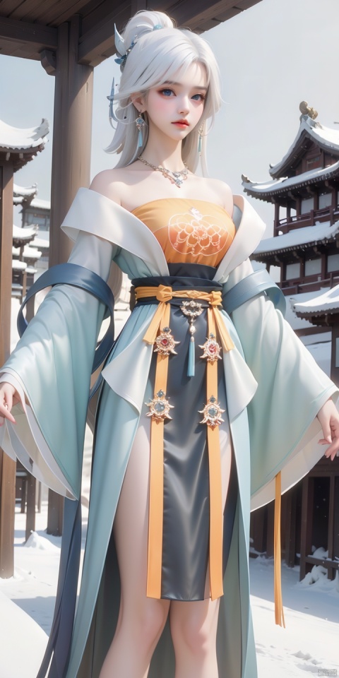 MY,1girl,solo,jewelry,hanfu,hair stick,necklace,blue eyes,hair ornament,chinese clothes,white hair,looking at viewer,earrings,dress,bare shoulders,long sleeves,wide sleeves,tree,scenery,outdoors,snow,shrine,east asian architecture,winter,plum_blossom,shimenawa,, (raw photo:1.2),((photorealistic:1.4))best quality,masterpiece,illustration,an extremely delicate and beautiful,extremely detailed,CG,unity,8k wallpaper,Amazing,finely detail,masterpiece,best quality,official art,extremely detailed CG unity 8k wallpaper,absurdres,incredibly absurdres,huge filesize,ultra-detailed,highres,extremely detailed,beautiful detailed girl,cinematic lighting,1girl,pale skin,tall female,(perfect body shape),skinny body,Slender legs,