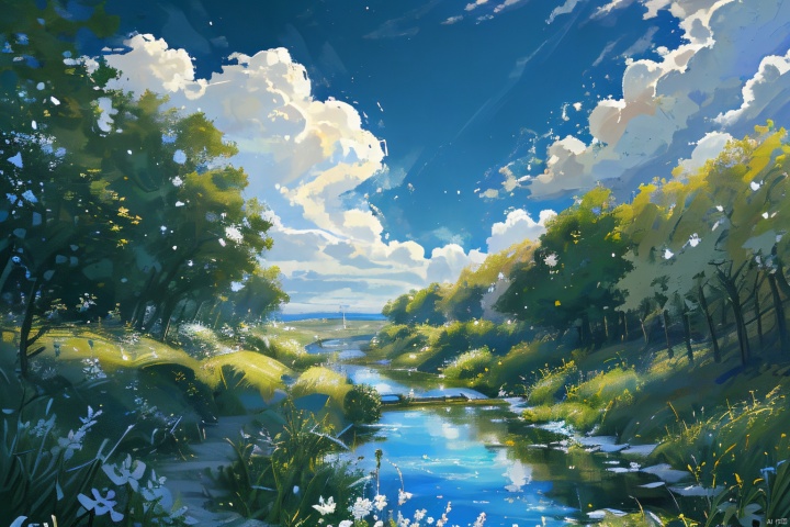  Make a poster of the arrival of spring and the revival of allthings, blue sky without clouds, the outskirts of the city, thebabbling water by the brook, no people, the picture is cleanand simple,