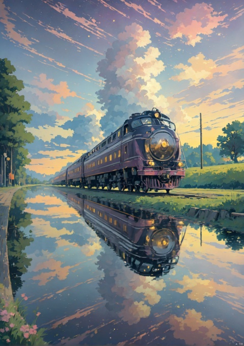  Masterpiece,anime train passing through bodies of water on tracks,purple and pink starry sky,brilliant starry sky. Romantic train,Makoto Shinkai's picture,pixiv,concept art,lofi art style,reflection. by Makoto Shinkai,lofi art,Beautiful anime scene,Anime landscape,detailed scenery ,in style of Makoto shinkai,style of Makoto shinkai,enhanced details
,乡村