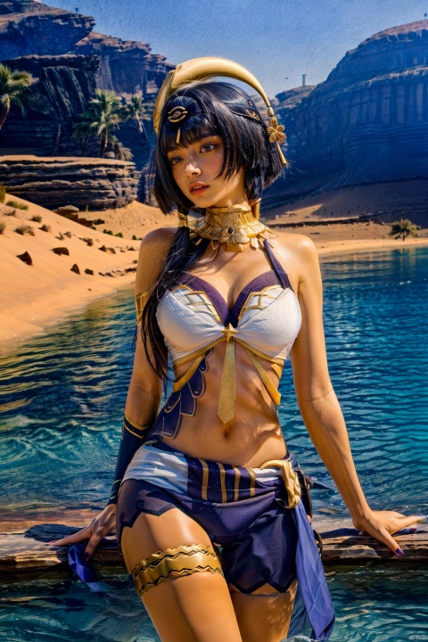  (masterpiece, best quality, best shadow,official art, correct body proportions, Ultra High Definition Picture),((best hands details)),
kandis, 1girl, dark skin, dark-skinned female, eye of horus, heterochromia, hair ornament,blue eye, yellow eye,sexy,huge breasts, sitting by water,
Desert Oasis Background, Ancient Egypt,lake