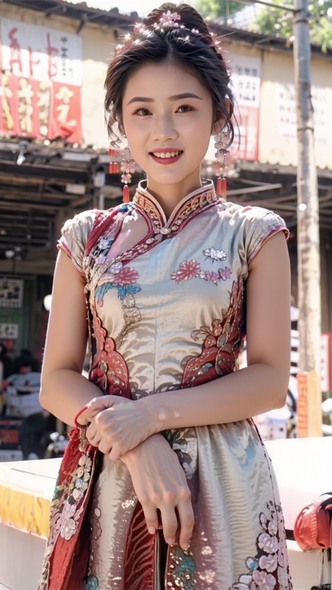 Best quality, (RAW photos: 1.2), (Masterpieces: 1.4), (Realistic: 1.4), (High resolution: 1.4), Chinese actress Gulinazha, depth of field, intricate details, 8k, very detailed, perfect lighting, epic background, large bust 1.3, black cheongsam, large open 1.3 (((chest exposed)), frontal photo, smiley face, 1girl