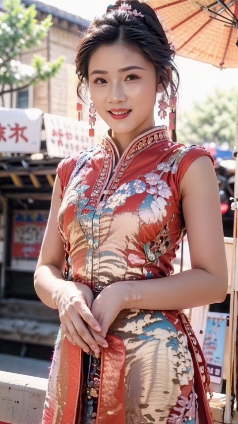  Best quality, (RAW photos: 1.2), (Masterpieces: 1.4), (Realistic: 1.4), (High resolution: 1.4), Chinese actress Gulinazha, depth of field, intricate details, 8k, very detailed, perfect lighting, epic background, large bust 1.3, black cheongsam, large open 1.3 (((chest exposed)), frontal photo, smiley face, 1girl