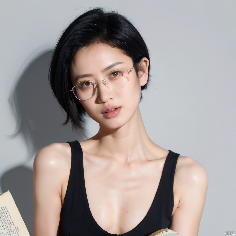 1girl, solo, looking at viewer, short hair, black hair, dress, bare shoulders, collarbone, upper body, parted lips, glasses, black eyes, lips, book, holding book, realistic