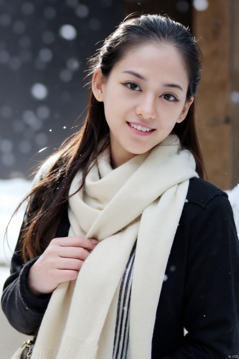  (masterpiece, best quality:1.2),Highly detailed,a woman,(snow:1.2),(snowing:1.2),snow,solo,scarf,long hair,smile,brown hair,bokeh,realistic,coat,blurry