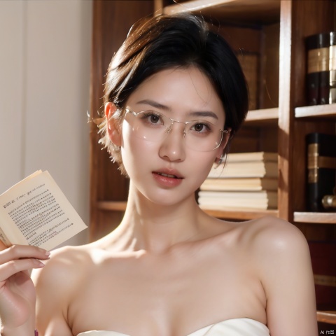 1girl, solo, looking at viewer, short hair, black hair, dress, bare shoulders, collarbone, upper body, parted lips, glasses, black eyes, lips, book, holding book, realistic