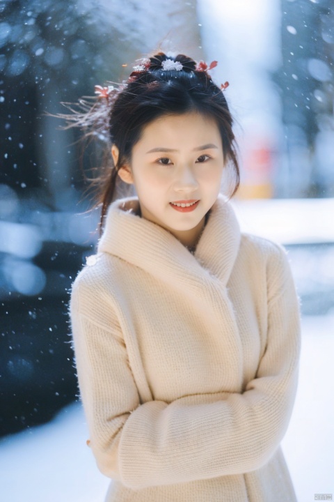  (masterpiece, best quality:1.2),Highly detailed,a woman,(snow:1.2),(snowing:1.2),snow,solo,scarf,long hair,smile,brown hair,bokeh,realistic,coat,blurry,, jiaxin
