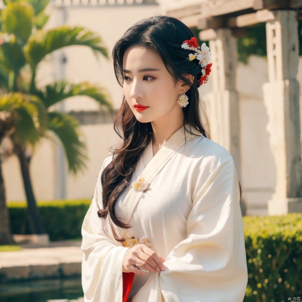 1girl, solo, looking at viewer, black hair, hair ornament, long sleeves, brown eyes, jewelry, upper body, flower, earrings, hair flower, wide sleeves, lips, chinese clothes, realistic, red lips, hanfu,Cyberpun