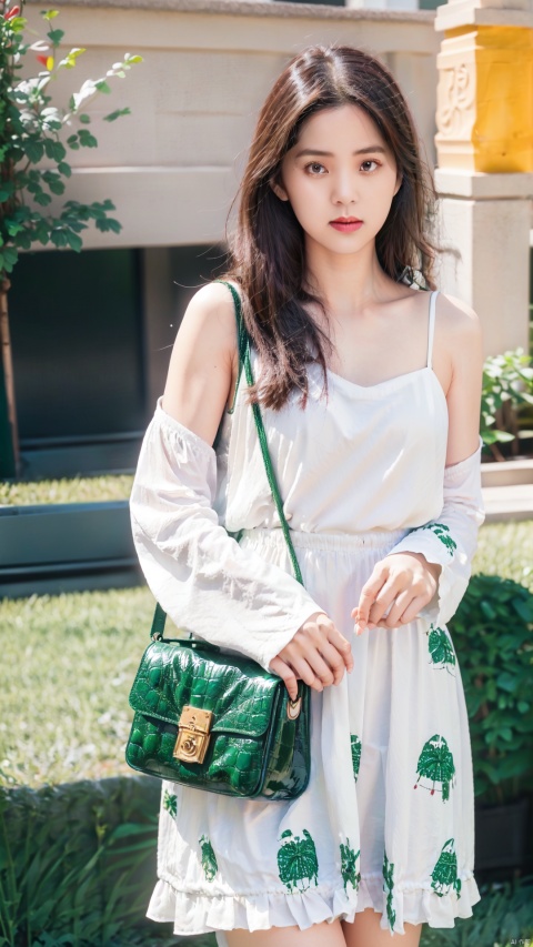  The image features a confident young woman standing outdoors on a green carpet. She is wearing a white dress with a green alligator print and carries a brown shoulder bag. Her posture and facial expression convey a sense of determination. The lighting is soft and flattering, casting a warm glow on her skin. The color palette is predominantly green and brown, with a dynamic contrast between the two. The woman's outfit, pose, and facial expression all work together to create a powerful and memorable image., 1girl

, lele2.0, lingling, sun2.0, suren, qiao, nana