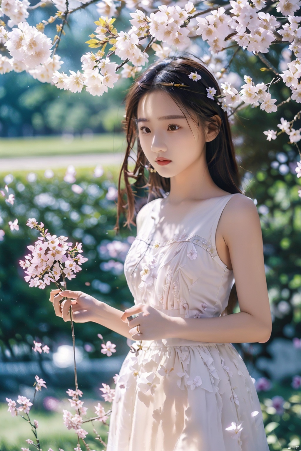  (nature:1.1), flower field, standing, sky, (petals:1.21), (flower:1.1), (masterpiece:1.1), (best quality:1.21), (ray tracing:1.331), (illustration:1.21), outdoors, 1girl, solo, long hair, upper body, white dress, straight-on,1girl, pld, (\xing he\), tongtong, chenchen, jiaxin
