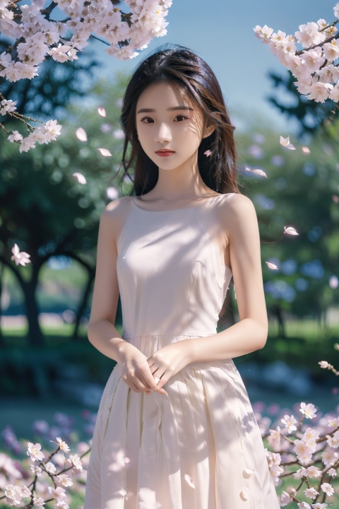  (nature:1.1), flower field, standing, sky, (petals:1.21), (flower:1.1), (masterpiece:1.1), (best quality:1.21), (ray tracing:1.331), (illustration:1.21), outdoors, 1girl, solo, long hair, upper body, white dress, straight-on,1girl, pld, (\xing he\), tongtong, chenchen, jiaxin