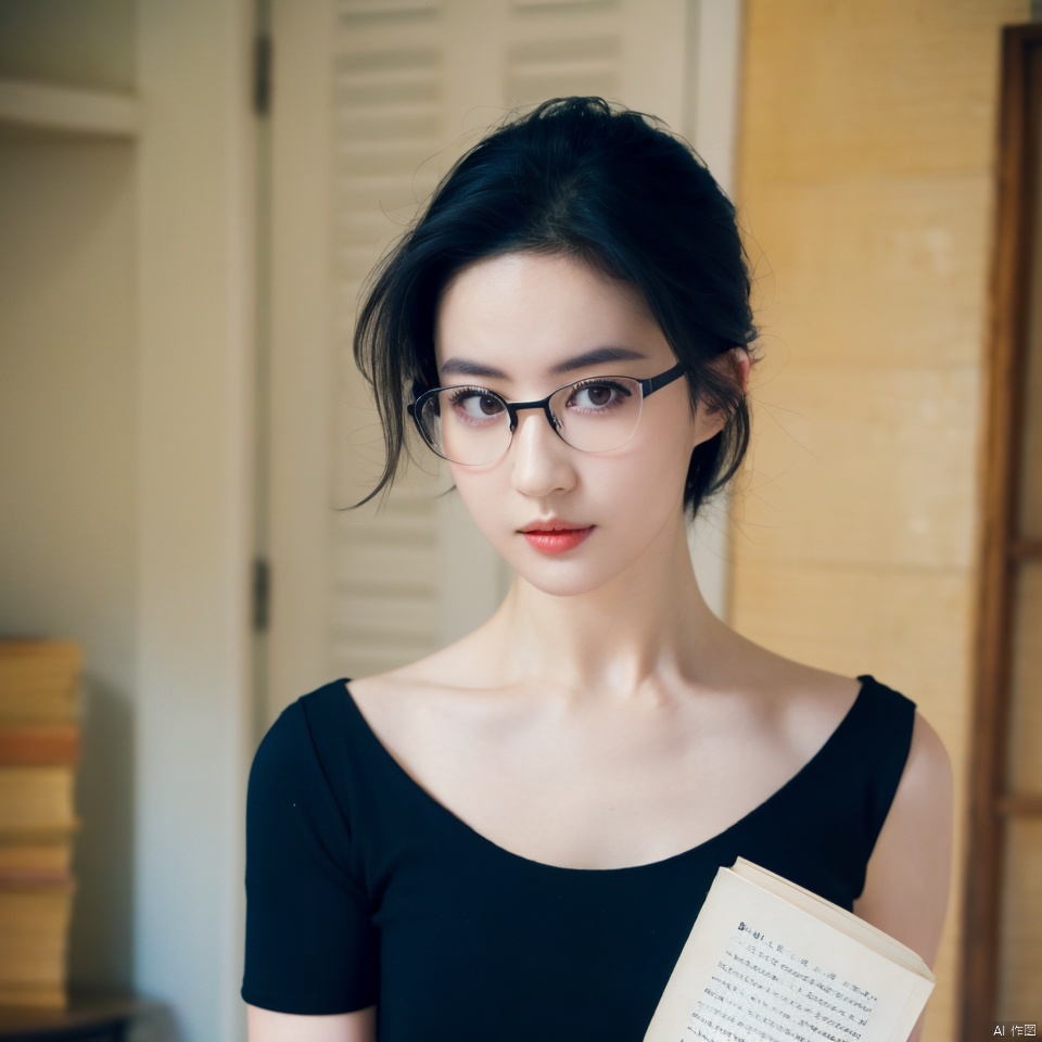 1girl, solo, looking at viewer, short hair, black hair, dress, bare shoulders, collarbone, upper body, parted lips, glasses, black eyes, lips, book, holding book, realistic