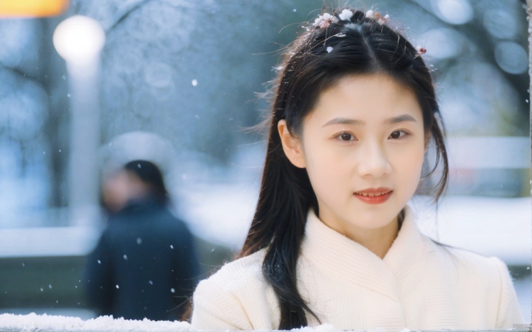  (masterpiece, 4k, best quality, highly detailed, 1girl, solo), (masterpiece, best quality:1.2),Highly detailed,a woman,(snow:1.2),(snowing:1.2),snow,solo,scarf,long hair,smile,brown hair,bokeh,realistic,coat,blurry,,jiaxin,xiaoxue,040,萌萌, tong, lingling