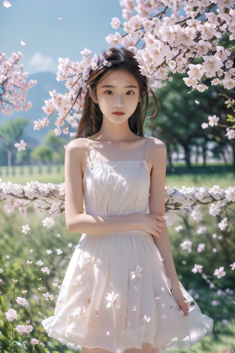  (nature:1.1), flower field, standing, sky, (petals:1.21), (flower:1.1), (masterpiece:1.1), (best quality:1.21), (ray tracing:1.331), (illustration:1.21), outdoors, 1girl, solo, long hair, upper body, white dress, straight-on,1girl, pld, (\xing he\), tongtong, chenchen, jiaxin