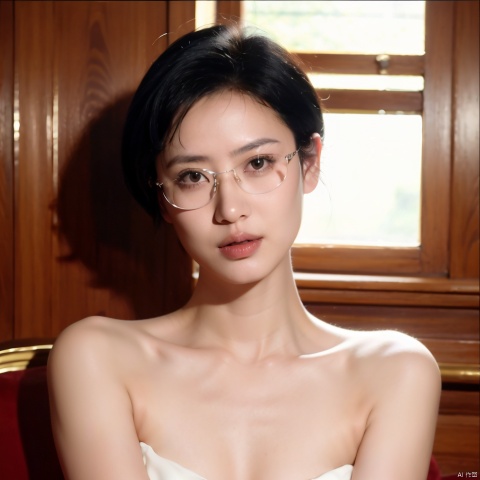 1girl, solo, looking at viewer, short hair, black hair, dress, bare shoulders, collarbone, upper body, parted lips, glasses, black eyes, lips, book, holding book, realistic
