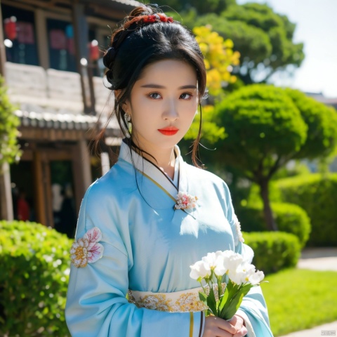 1girl, solo, looking at viewer, black hair, hair ornament, long sleeves, brown eyes, jewelry, upper body, flower, earrings, hair flower, wide sleeves, lips, chinese clothes, realistic, red lips, hanfu,Cyberpun