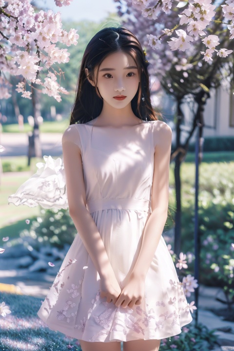  (nature:1.1), flower field, standing, sky, (petals:1.21), (flower:1.1), (masterpiece:1.1), (best quality:1.21), (ray tracing:1.331), (illustration:1.21), outdoors, 1girl, solo, long hair, upper body, white dress, straight-on,1girl, pld, (\xing he\), tongtong, chenchen, jiaxin