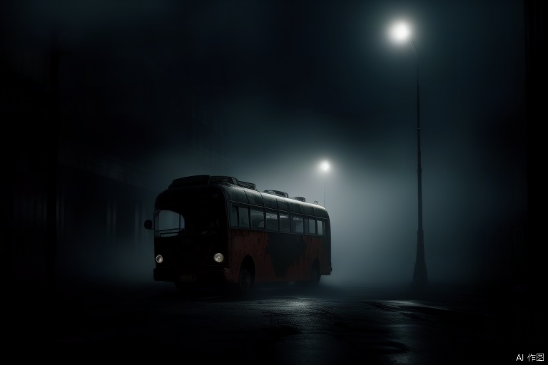 The underworld bus is terrifying and诡异, in the dark night, on the street, the fog is diffuse, the decayed buildings, the flashing lights, the telephoto lens, the low angle, the shutter delay, the sudden appearance, the fear, the tension, the cold color.