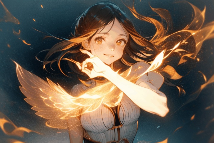  The girl is holding a burning flame in her hand,happy expression,floating hair, HTTP, fire