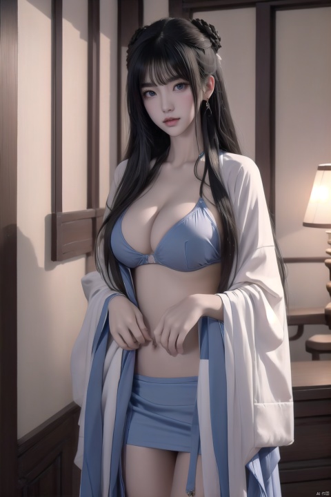  1girl, solo, breasts, looking at viewer, bangs, blue eyes, large breasts, dress, cleavage, jewelry, blue hair, standing, thighs, indoors, medium hair, cape, bracelet, lips, covered navel, thigh strap, chinese clothes, china dress, pelvic curtain, JK, hanfu,gufenghanfu, Wgufeng, curtains, revealing clothes,plaid skirt, white sweater, virginsweater,Sexy girl,longsleeves,widesleeves