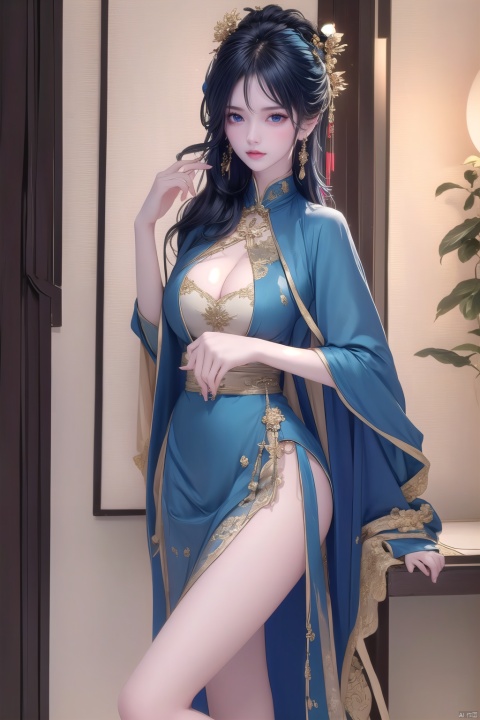 1girl, solo, breasts, looking at viewer, bangs, blue eyes, large breasts, dress, cleavage, jewelry, blue hair, standing, thighs, indoors, medium hair, cape, bracelet, lips, covered navel, thigh strap, chinese clothes, china dress, pelvic curtain,self exposure, revealing clothes