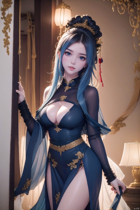 1girl, solo, breasts, looking at viewer, bangs, blue eyes, large breasts, dress, cleavage, jewelry, blue hair, standing, thighs, indoors, medium hair, cape, bracelet, lips, covered navel, thigh strap, chinese clothes, china dress, pelvic curtain,self exposure, revealing clothes, ((Binding)), guofengZ,((BDSM)), tutult