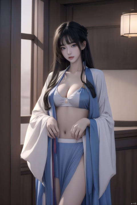  1girl, solo, breasts, looking at viewer, bangs, blue eyes, large breasts, dress, cleavage, jewelry, blue hair, standing, thighs, indoors, medium hair, cape, bracelet, lips, covered navel, thigh strap, chinese clothes, china dress, pelvic curtain, JK, hanfu,gufenghanfu, Wgufeng, curtains, revealing clothes,plaid skirt, white sweater, virginsweater,Sexy girl,longsleeves,widesleeves,exhibitionism