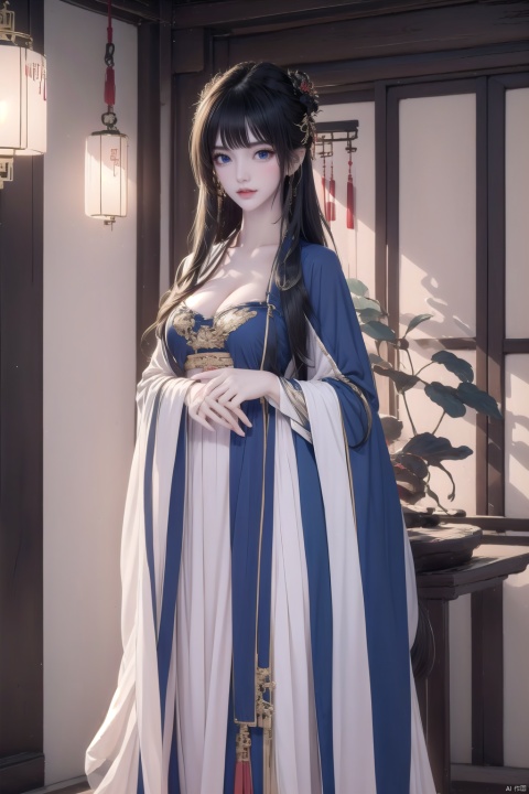 1girl, solo, breasts, looking at viewer, bangs, blue eyes, large breasts, dress, cleavage, jewelry, blue hair, standing, thighs, indoors, medium hair, cape, bracelet, lips, covered navel, thigh strap, chinese clothes, china dress, pelvic curtain,self exposure