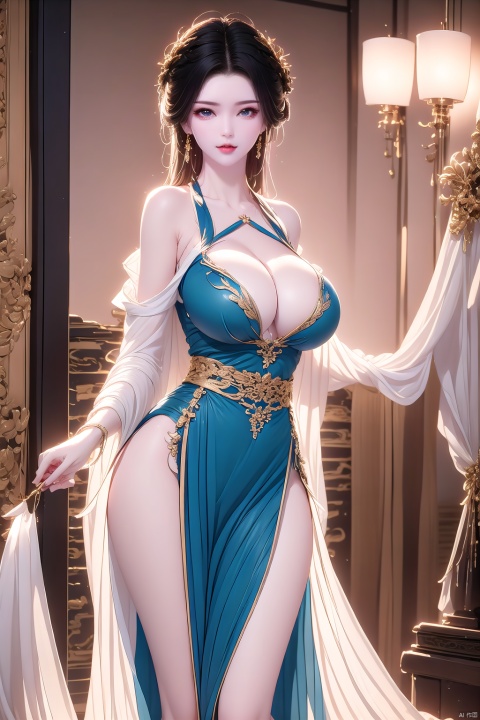 1girl, solo, breasts, looking at viewer, bangs, blue eyes, large breasts, dress, cleavage, jewelry, blue hair, standing, thighs, indoors, medium hair, cape, bracelet, lips, covered navel, thigh strap, chinese clothes, china dress, pelvic curtain,self exposure, revealing clothes, ((Binding)), guofengZ,((BDSM)),立