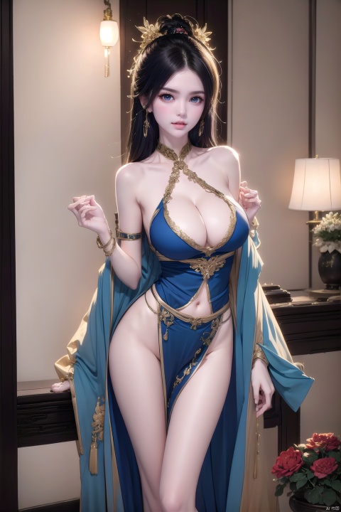 1girl, solo, breasts, looking at viewer, bangs, blue eyes, large breasts, dress, cleavage, jewelry, blue hair, standing, thighs, indoors, medium hair, cape, bracelet, lips, covered navel, thigh strap, chinese clothes, china dress, pelvic curtain,self exposure, revealing clothes, ((Binding))