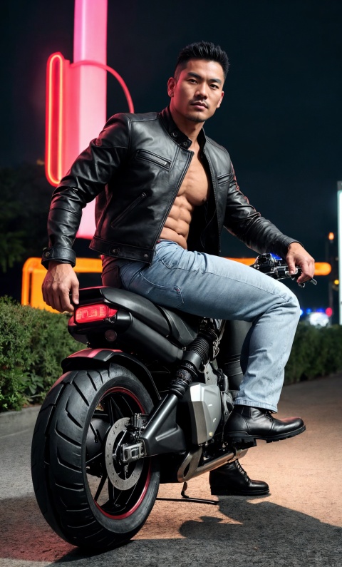 1man,asian,exquisite facial features,handsome,male focus,leather_jacket,(black knee_boots),gloves,armband,muscular,full body,(riding motorcycle),moving,looking forward,neon lighting,at night,masterpiece, realistic, highres,raw photo,8K HD,best quality, highly detailed,full shot,outdoors, jzns