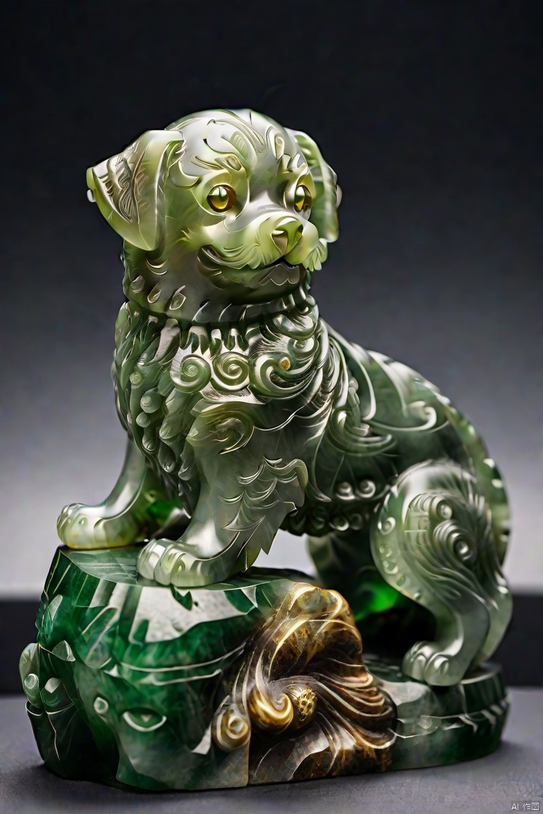  (masterpiece, top quality, best quality, official art, beautiful and aesthetic:1.2),dog,made of jade,golden carving,model,very beautiful, aesthetic,crystal, surface polished natural gloss, very transparent and beautiful, emerald material