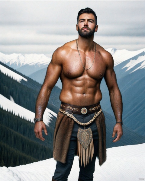  Barbarians wear fur clothesand fur pants and fur loincloths their muscles bulging with raw strength as they brandish massive axes roaring amidst snow-capped mountains Barbarian:1.9,(muscle male :1.2),(burly:0.3),cinematic lighting,8k,super detail,high quality,high details,award winning,anatomically correct,masterpiece,anatomically correct,(glass shiny (textured skin):0.5),super detail,award winning,high details,(back:0.9),realistic style,(expressive:0.7),(emotional:0.5),(photography:1.6), professional, 8k,super detail,(jewelry:1.9),(street fighter:0.2),anatomically correct,(close-up of the character's costume:0.4),(realistic style:1.6),(dynamic posture:1.3),random posture,(bold colors:1.4),(expressive:1.3),highly detailed,(burly:0.6),reality,photo,portrait,,(old clothes:0.1),(muscular:0.7),(bare foot:0.1),intricate, . simple, clean, uncluttered, modern, elegant, ahai, dnaball