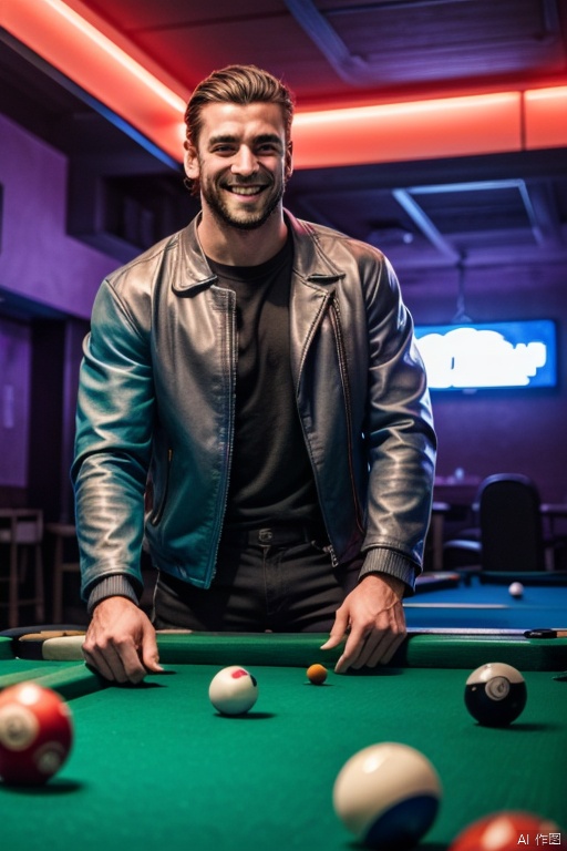 A photo of Hellboy in a vibrant night club wearing leather jacket, playing pool. (heavy rock hand:1.1).
(neon lights:1.2), blurry, pastel colors, smiling, pool balls
 best quality, masterpiece,