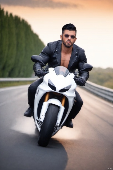  pecs,abs,20 year old man,black hair,black open latex jacket in the wind,hyper-muscular,riding supersport motorcycle,speeding on highway,neck tattoo,neck chain, dnaball