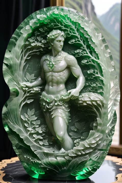 1man,male focus,no_clothes, carving, very transparent and beautiful, emerald material,