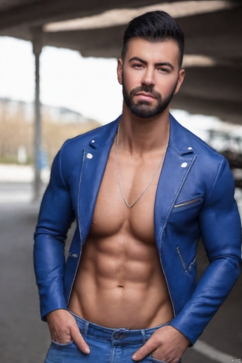  pecs,abs,20 year old man,black hair,blue open latex jacket in the wind,hyper-muscular,riding supersport motorcycle,motorcycle parking street,large cross neck chain, dnaball