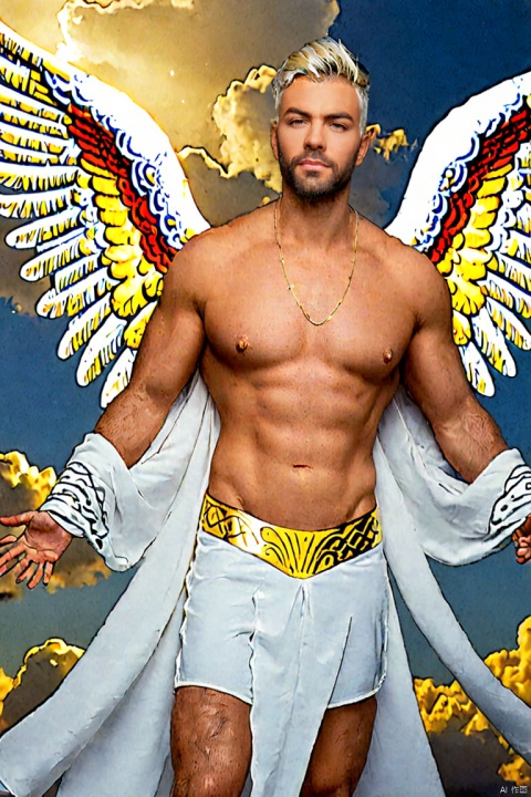  masterpiece,1 boy,Look at me,Muscular development,Handsome,Lovely,Heaven,Robe,in white and gold costume,Angel with six wings,in the sky,clouds,man with wings,angel wings,glowing,platinum hair,outdoors,stars,gold magic swirling,golden feathers,textured skin,super detail,best quality,