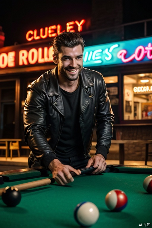  A photo of Hellboy in a vibrant night club wearing leather jacket, playing pool. (heavy rock hand:1.1).
(neon lights:1.2), blurry, pastel colors, smiling, pool balls
 best quality, masterpiece,